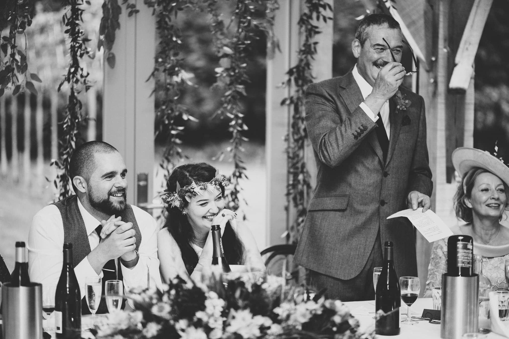Wedding at Hazel Gap Barn - Father of bride speech. Bride smiling