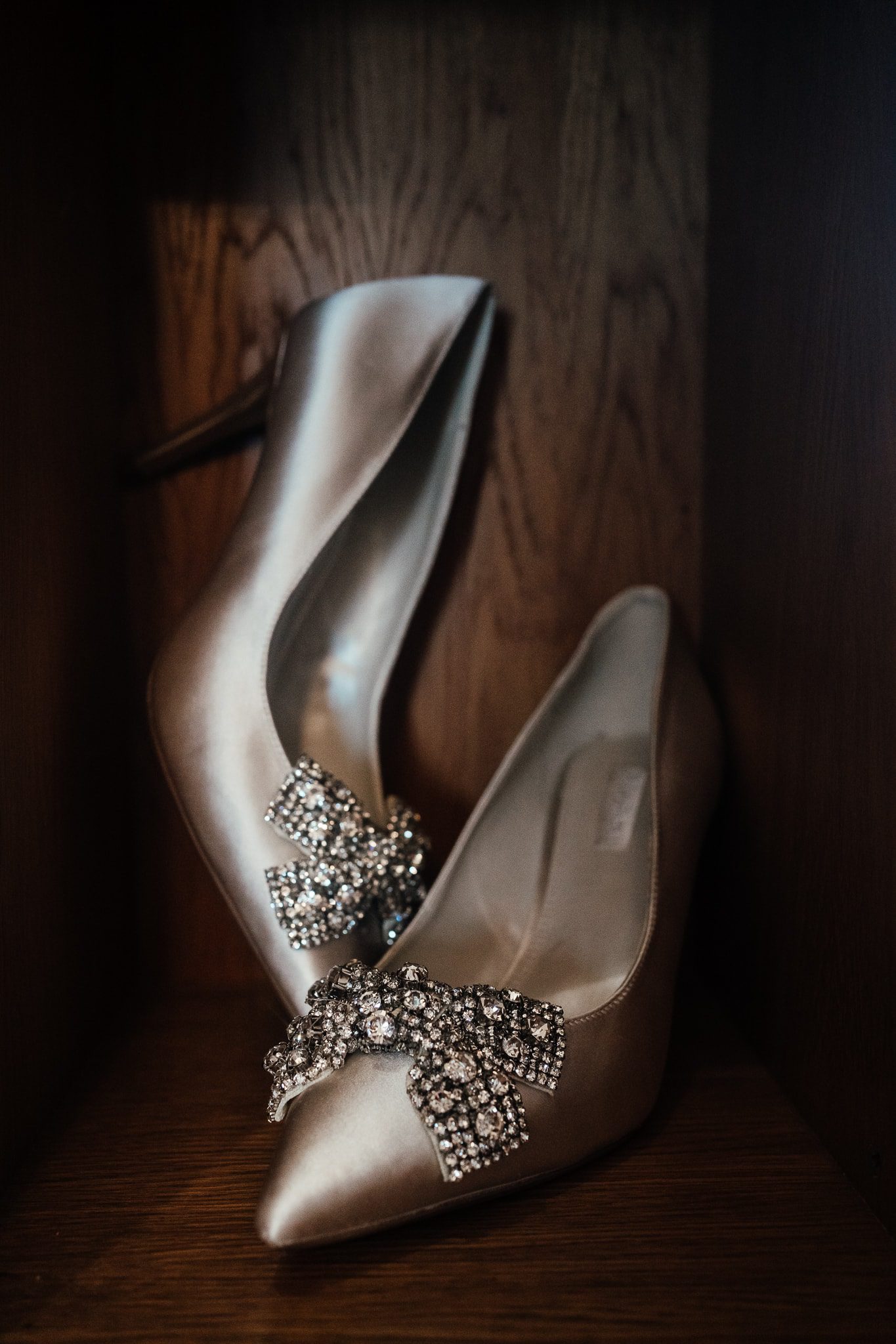 Nottingham Wedding: Detail closeup of Emma's shoes, with diamanté bow on the front