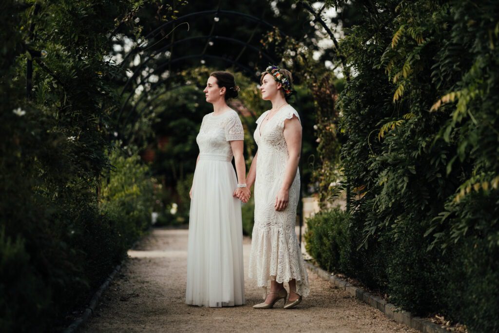 Wedding photography at Thorpe Garden. Two brides, portrait