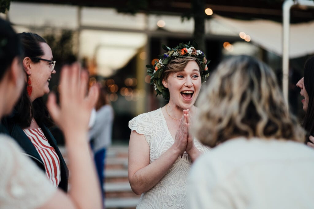 Candid photo of bride laughing