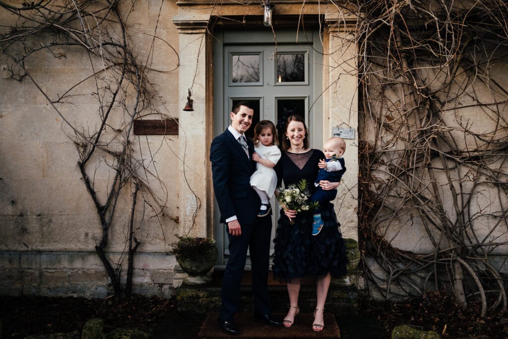 Bride's sister, husband and kids outside Widbrook Grange