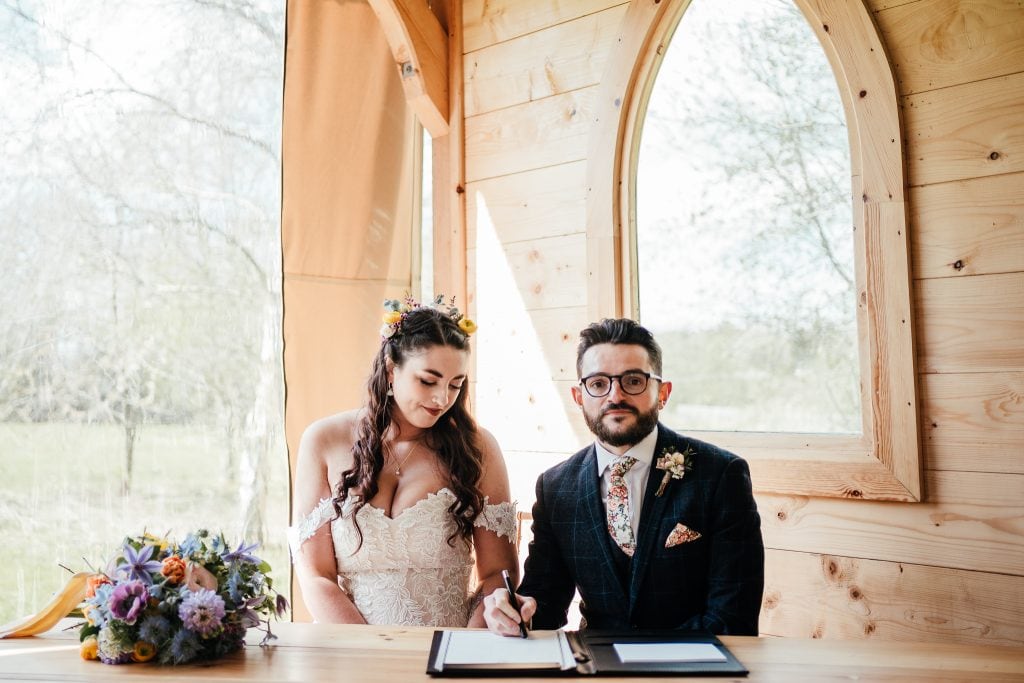 Bride and groom sign register