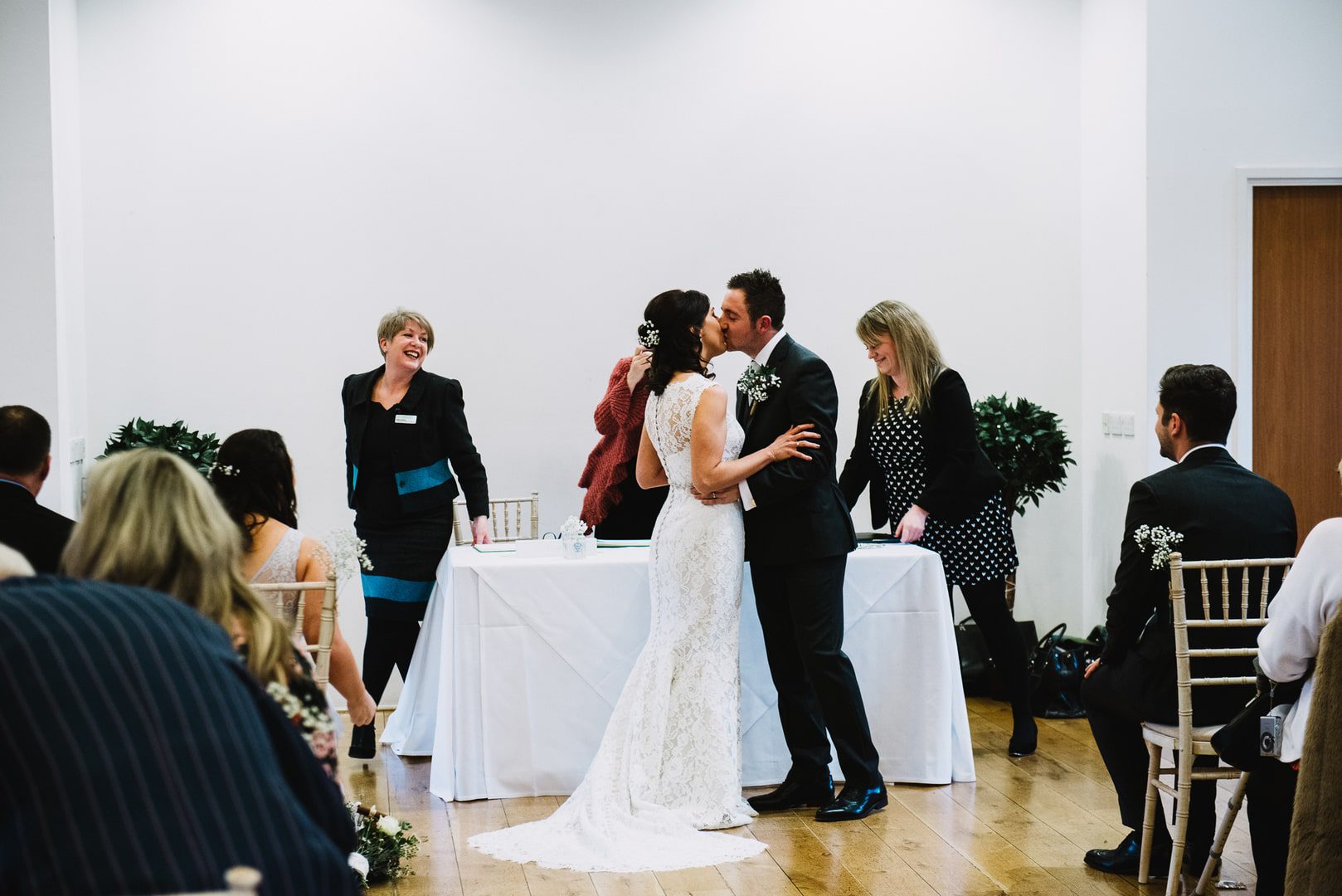 wedding photography at Rufford Mill - first kiss