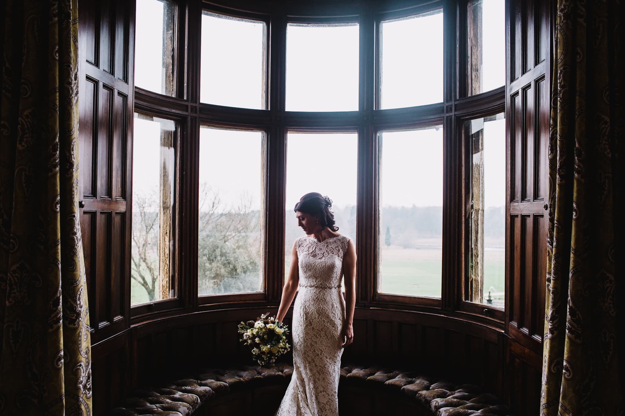 bride in window at Thoresby Hall