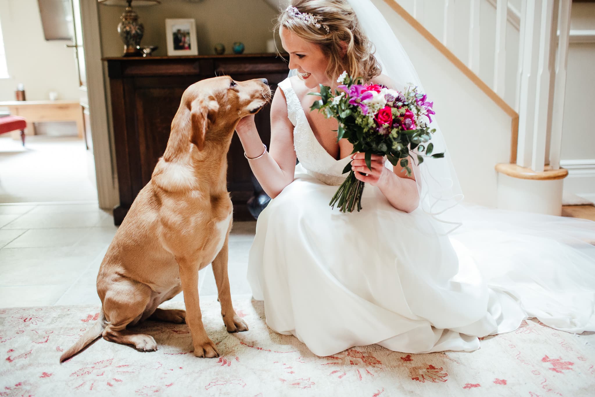 Bride at home with her dog. Bride and dog looking at each other