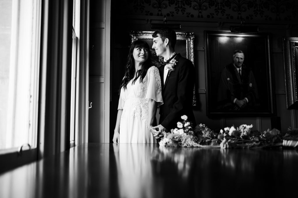 Black and white portrait of Bride and groom at The Cosy Club Nottingham