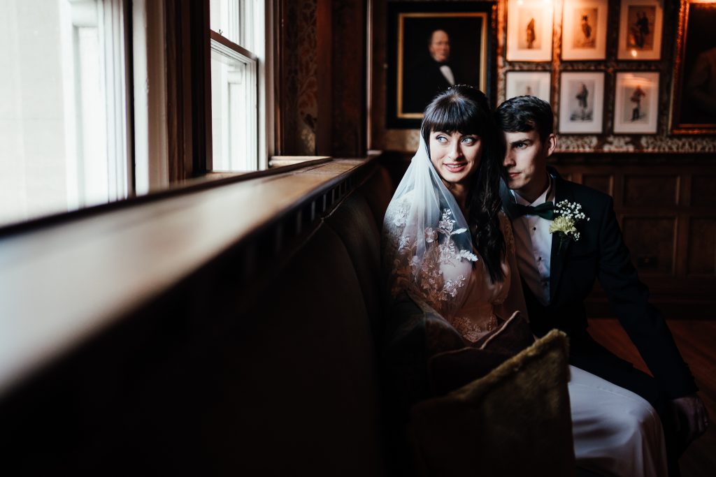 Window light portrait of bride and groom at Cosy Club Nottingham